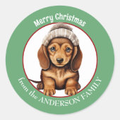 Bruin Dachshund Puppy in Winter Pet Kerst Ronde Sticker (Voorkant)