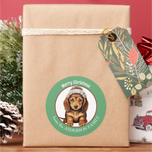 Bruin Dachshund Puppy in Winter Pet Kerst Ronde Sticker