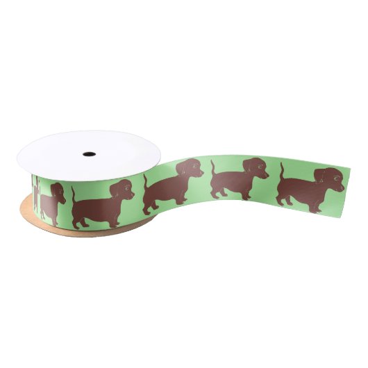 Bruin Dachshunds Pattern Light Green Satin Ribbon Satijnen Lint (Spoel)