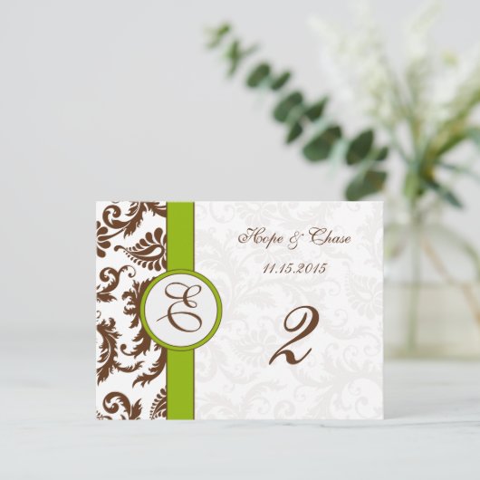 Bruin Damask Apple Green Table Number Kaarten (Staand voorkant)