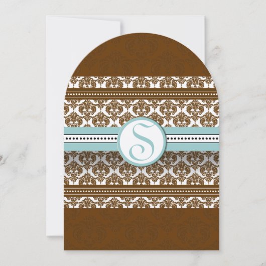 Bruin Damask Aqua Blue Trim Wedding Invitation Kaart (Voorkant)