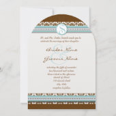 Bruin Damask Aqua Blue Trim Wedding Invitation Kaart (Achterkant)