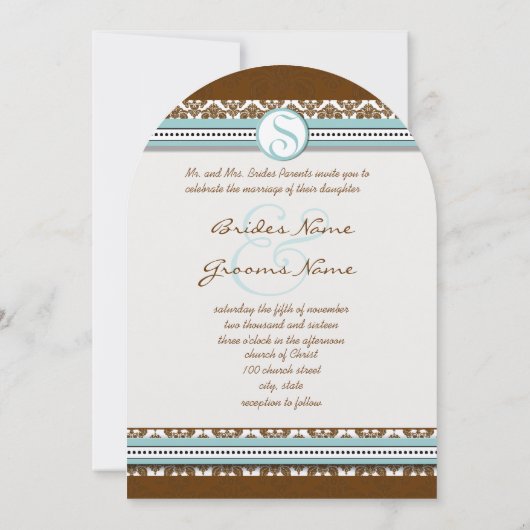 Bruin Damask Aqua Blue Trim Wedding Invitation Kaart (Achterkant)