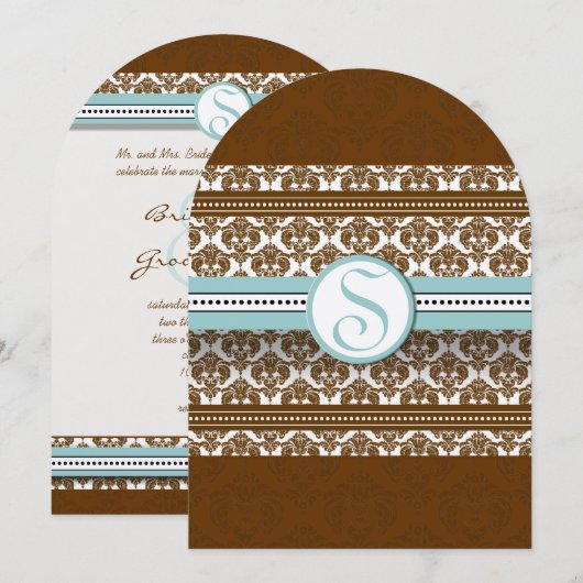 Bruin Damask Aqua Blue Trim Wedding Invitation Kaart (Voorkant / Achterkant)