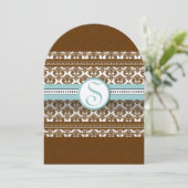 Bruin Damask Aqua Blue Trim Wedding Invitation Kaart (Staand voorkant)