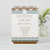 Bruin Damask Aqua Blue Trim Wedding Invitation Kaart (Staand voorkant)