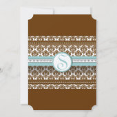 Bruin Damask Aqua Blue Trim Wedding Invitation Kaart (Achterkant)