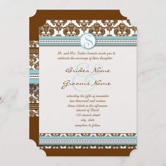 Bruin Damask Aqua Blue Trim Wedding Invitation Kaart (Voorkant / Achterkant)