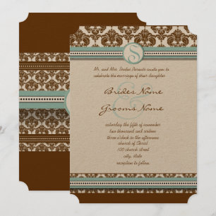 Bruin Damask Aqua Blue Trim Wedding Invitation Kaart