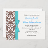 Bruin Damask Aqua Bow bruiloft uitnodiging (Voorkant / Achterkant)