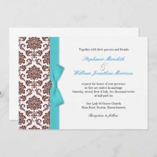 Bruin Damask Aqua Bow bruiloft uitnodiging (Voorkant / Achterkant)