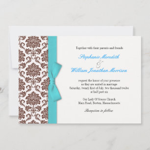 Bruin Damask Aqua Bow bruiloft uitnodiging