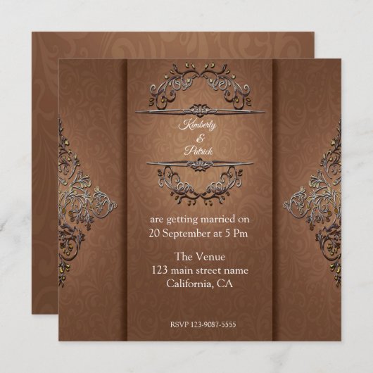 Bruin Damask Design Wedding Invitation Kaart (Voorkant / Achterkant)
