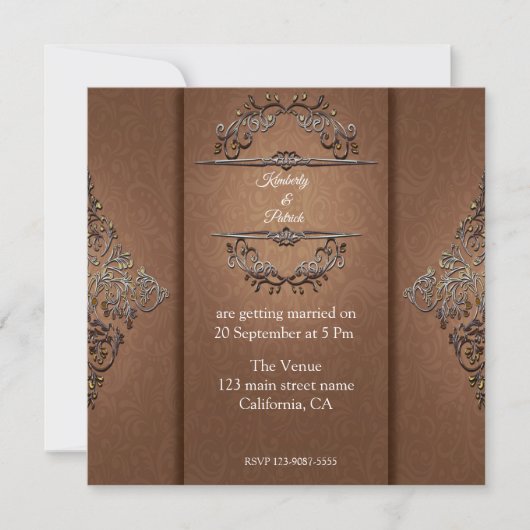 Bruin Damask Design Wedding Invitation Kaart (Voorkant)