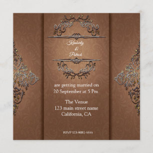 Bruin Damask Design Wedding Invitation Kaart
