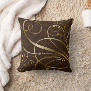 Bruin Damask Gold Swirls Flourish Kussen