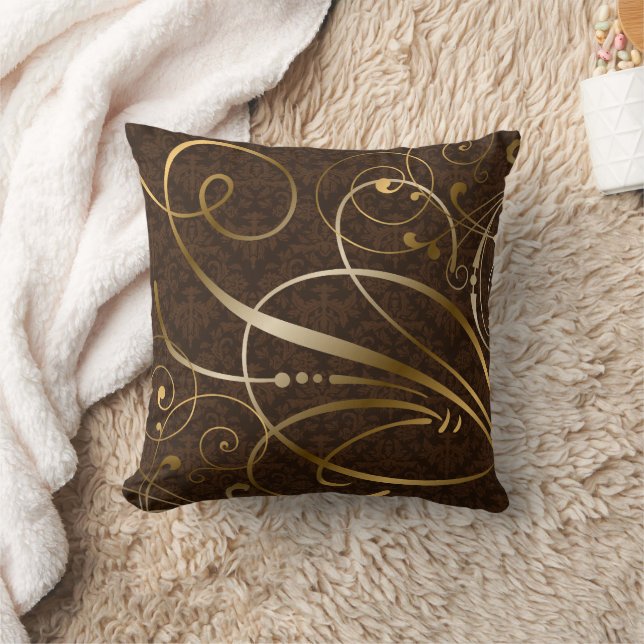 Bruin Damask Gold Swirls Flourish Kussen (Deken)