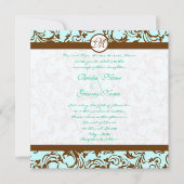 Bruin Damask Light Aqua Blue Wedding Invitation Kaart (Voorkant)