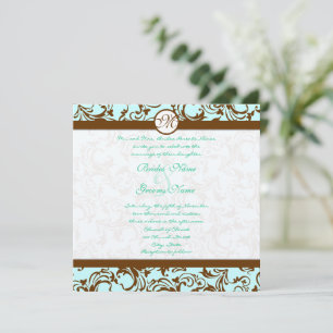 Bruin Damask Light Aqua Blue Wedding Invitation Kaart