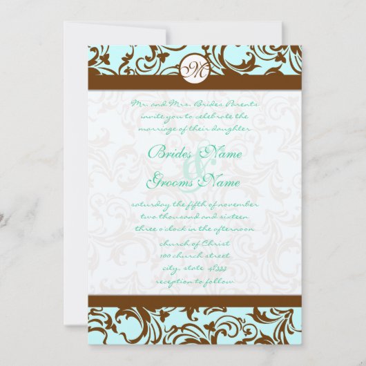 Bruin Damask Light Aqua Blue Wedding Invitation Kaart (Voorkant)