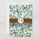 Bruin Damask Light Aqua Blue Wedding Invitation Kaart (Achterkant)