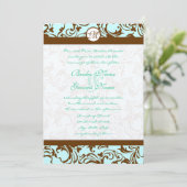 Bruin Damask Light Aqua Blue Wedding Invitation Kaart (Staand voorkant)