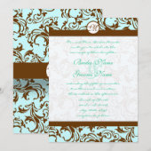 Bruin Damask Light Aqua Blue Wedding Invitation Kaart (Voorkant / Achterkant)