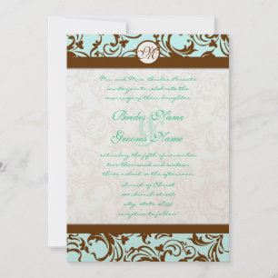 Bruin Damask Light Aqua Blue Wedding Invitation Kaart