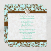 Bruin Damask Light Aqua Blue Wedding Invitation Kaart (Voorkant / Achterkant)
