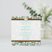 Bruin Damask Light Aqua Blue Wedding Invitation Kaart (Staand voorkant)