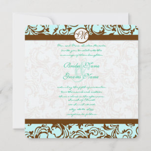 Bruin Damask Light Aqua Blue Wedding Invitation Kaart