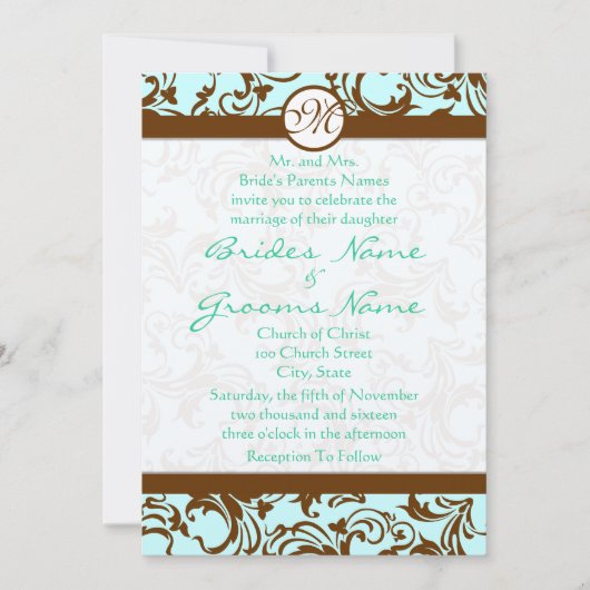 Bruin Damask Light Aqua Blue Wedding Invitation Kaart (Voorkant)