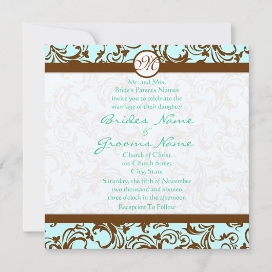 Bruin Damask Light Aqua Blue Wedding Invitation Kaart (Voorkant)