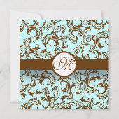 Bruin Damask Light Aqua Blue Wedding Invitation Kaart (Achterkant)
