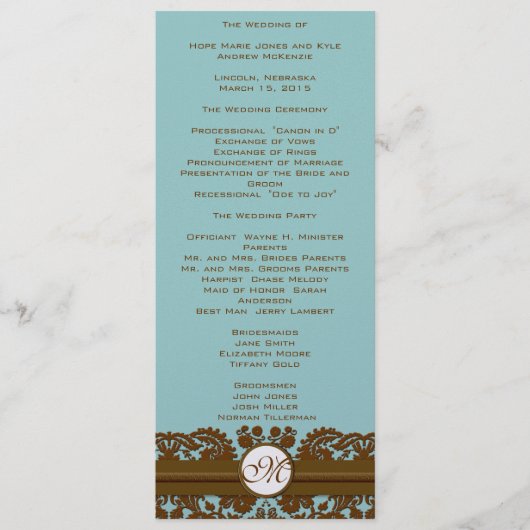 Bruin Damask Monogram Wedding Programme Programmakaart (Voorkant)