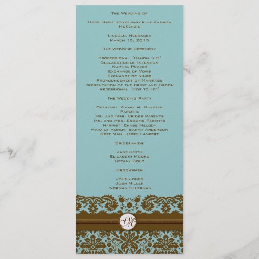 Bruin Damask Monogram Wedding Programme Programmakaart (Voorkant)