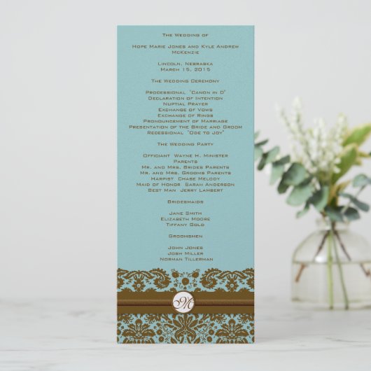 Bruin Damask Monogram Wedding Programme Programmakaart (Staand voorkant)