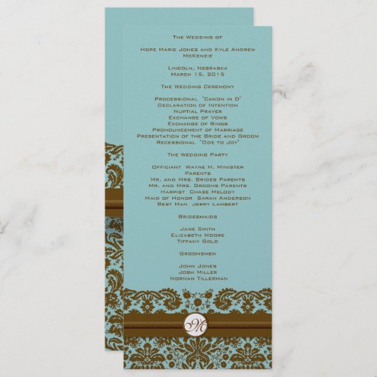 Bruin Damask Monogram Wedding Programme Programmakaart (Voorkant / Achterkant)