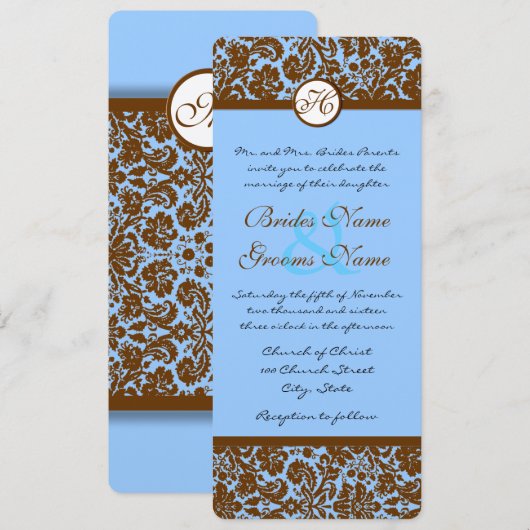 Bruin Damask op powder Blue Wedding Kaart (Voorkant / Achterkant)