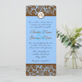 Bruin Damask op powder Blue Wedding Kaart (Staand voorkant)