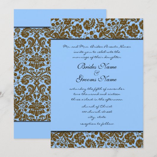 Bruin Damask over de uitnodiging voor een blauwe b (Voorkant / Achterkant)