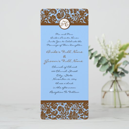 Bruin Damask over de uitnodiging voor een blauwe b (Staand voorkant)