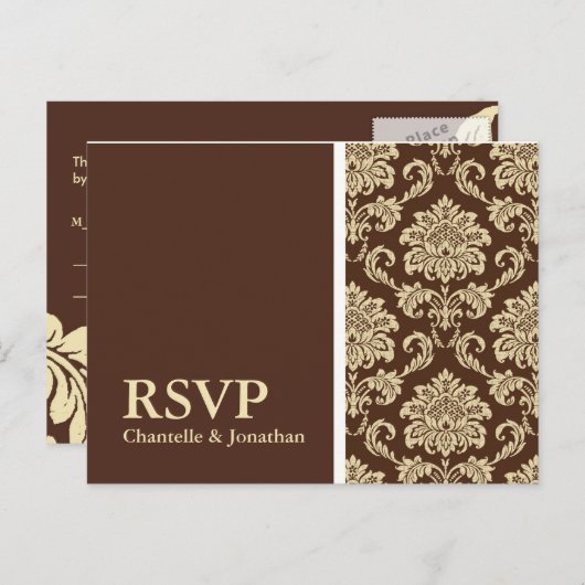 Bruin Damask RSVP Briefkaart (Voorkant / Achterkant)