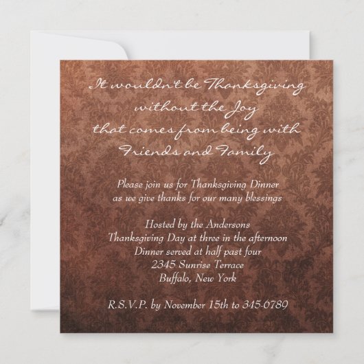 Bruin Damask Thanksgiving Diner Invitations Kaart (Achterkant)