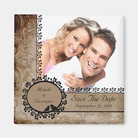 Bruin Damask Tortelduifjes Foto Save The Date Magn Magneet (Voorkant)