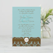 Bruin Damask Wedding Monogram Uitnodigingen (Staand voorkant)