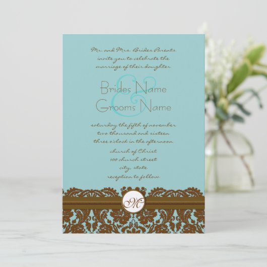 Bruin Damask Wedding Monogram Uitnodigingen (Staand voorkant)
