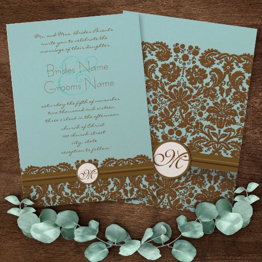 Bruin Damask Wedding Monogram Uitnodigingen