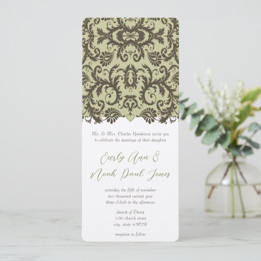 Bruin Damask Wedding Uitnodiging (Staand voorkant)