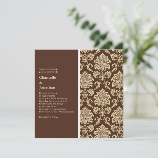 Bruin Damask Wedding Uitnodiging (Staand voorkant)